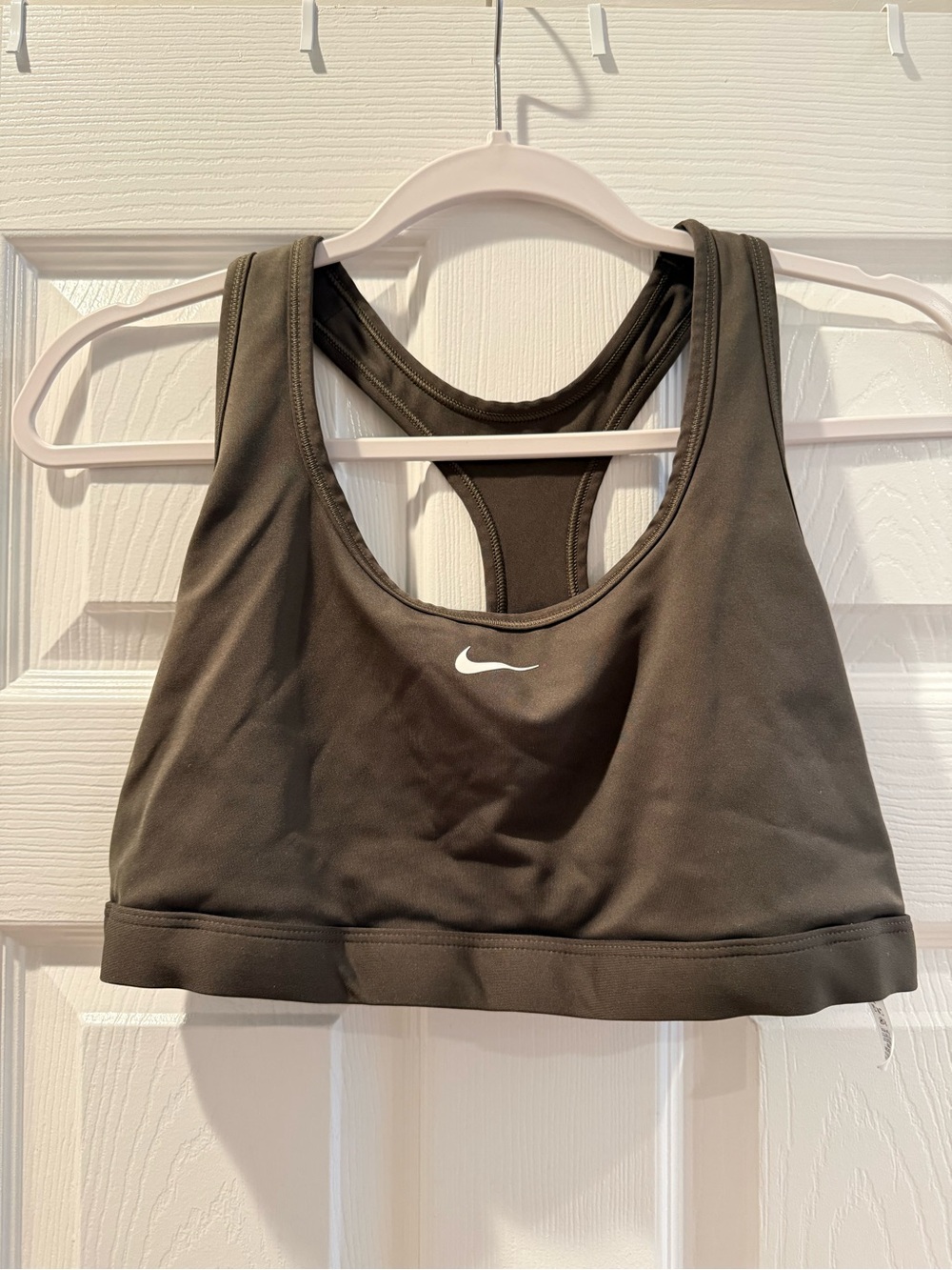 Nike Olive Green Racerback Dri-FIT Sports Bra with White Swoosh